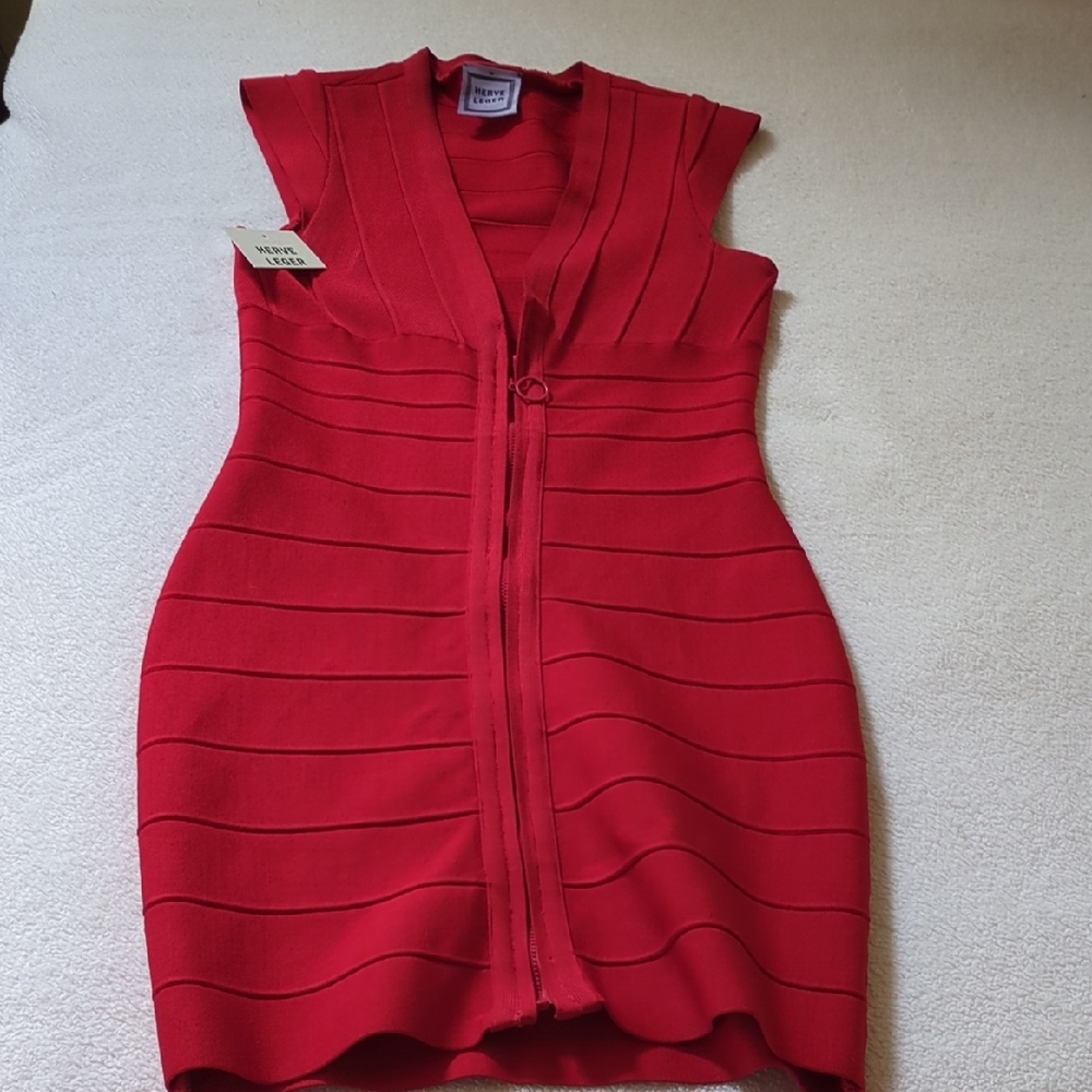 amazing Herve Leger Striking Red Midi Dress Sz M Bandage